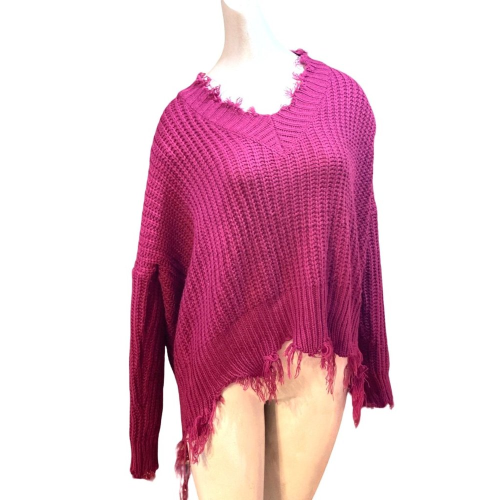 Deep Pink Main Strip Knit Sweater Distressed Fringed Hem Women's Shirt